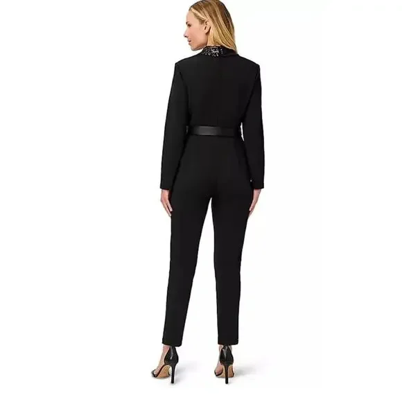 NEW NWT Adrianna Papell Womens Stretch Crepe Tuxedo Jumpsuit Sequin Lapel size 4 - Picture 2 of 8